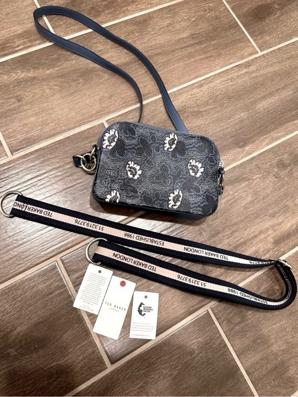 Ted Baker Navy Floral Leather Crossbody with Branded Strap